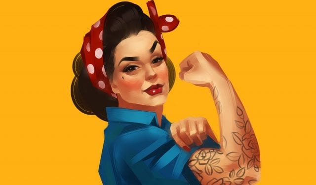 We Can Do It. Iconic woman's fist/symbol of female power and industry. Modern design inspired by classic american poster.